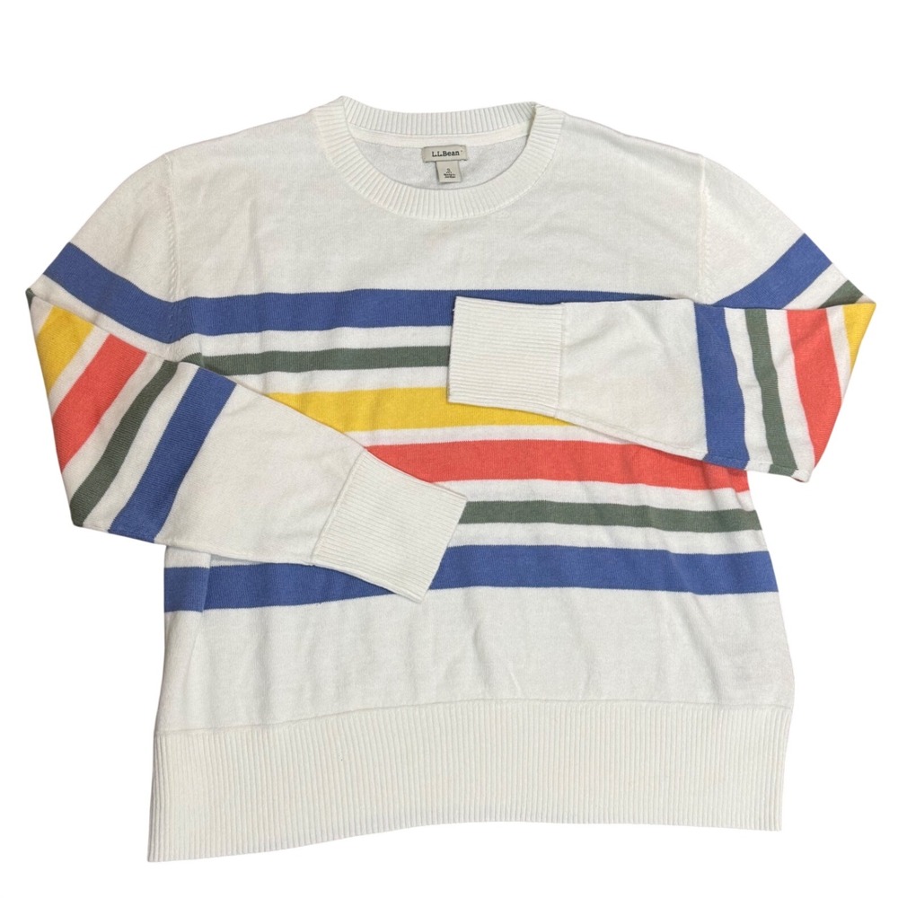 LL Bean Cotton Cashmere Striped Crewneck Sweater White Multi Petite Small